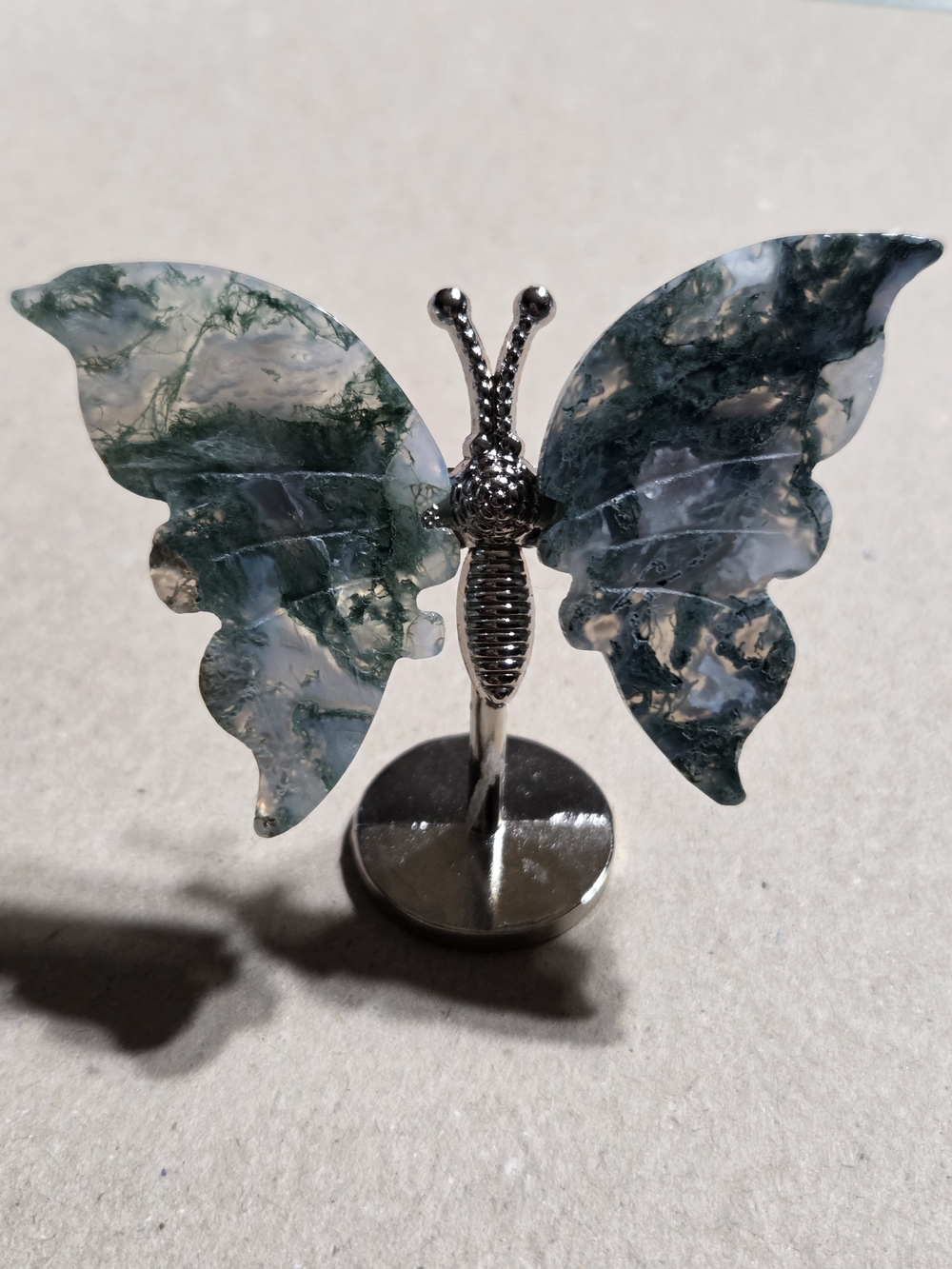 Moss Agate Crystal Butterfly Figurine with Silver Stand Decor